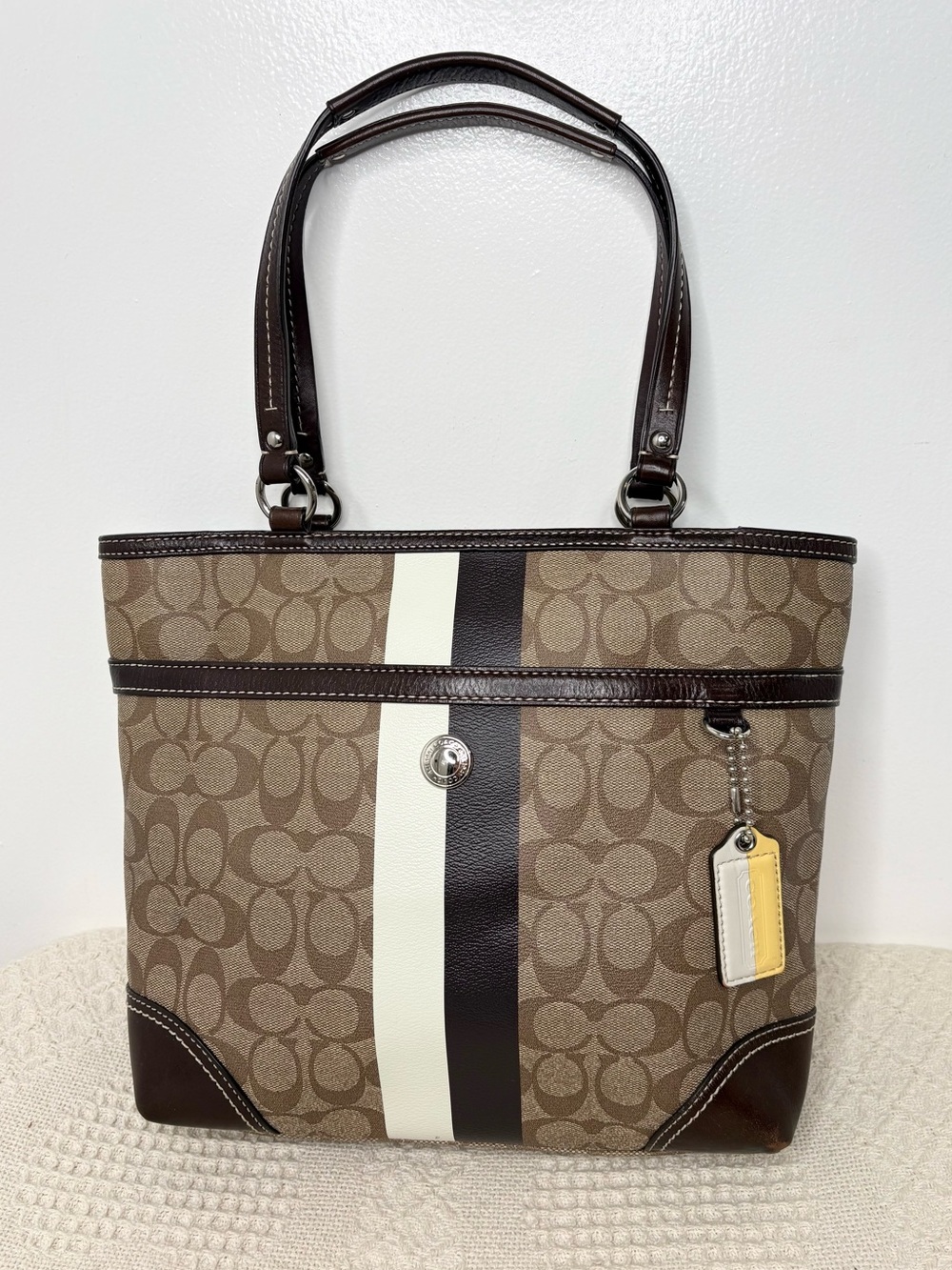 Y2K Coach Chelsea Heritage Stripe Signature Tote Bag F14477 Brown Khaki Yellow